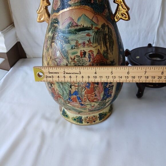 Satsuma Style Large Asian Morriage Porcelain Gold Handle W/ Stand 18" - Picture 11 of 13